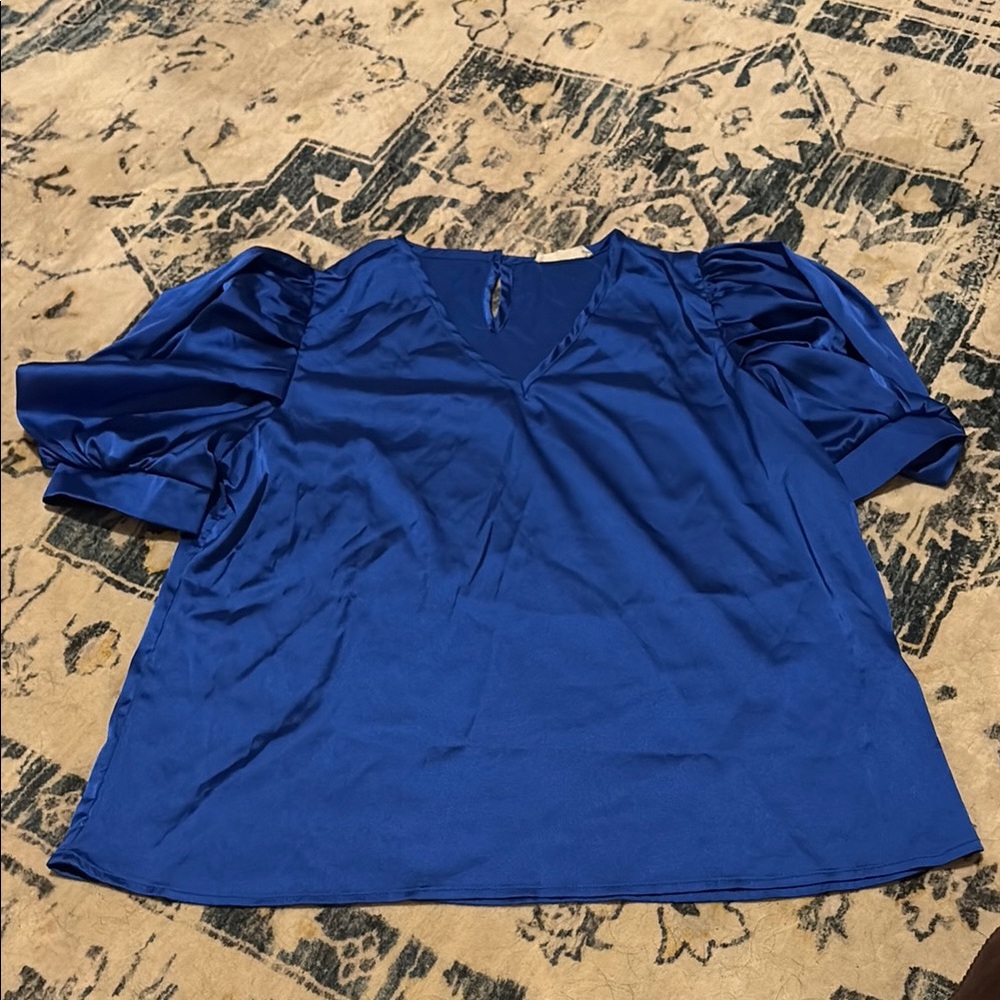 Vibrant Silk Blue Poof Sleeve Blouse